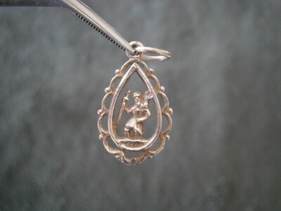 St Christopher Vtg Cut Out Teardrop Sterling Silver  Metal Religious Medal 1.2g