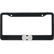 Black 7 Rows Bling Diamond Crystal License Plate Frame With Clear Bow Tie