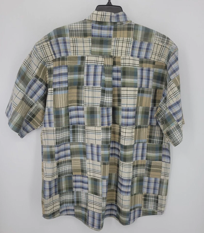 Camisa Bob Timberlake para hombre XL Azul Verde Cuadros Patchwork Manga corta Botón arriba Foto 2 de 4