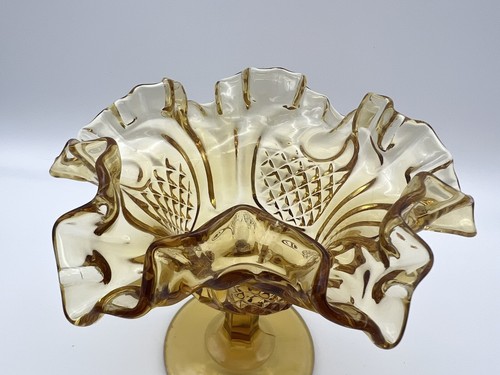 Vintage Fenton Art Glass Bursztyn Diament Point Marszczona miska na cokół - Zdjęcie 5 z 10