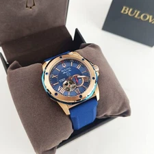 Bulova Marine Star Men's Blue Gold Dial Rubber 98A227 Steel Automatic Watch 45mm