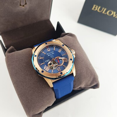 #ad #ad Bulova Marine Star Men#x27;s Blue Gold Dial Rubber 98A227 Steel Automatic Watch 45mm $248.50
