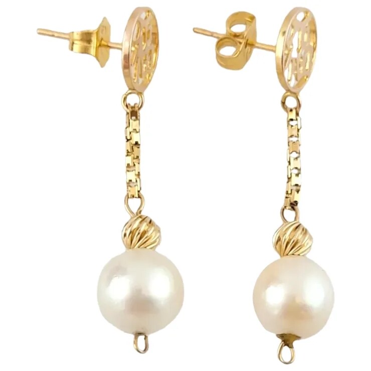 vintage 14K Yellow Gold Dangle Pearl Earrings #14613