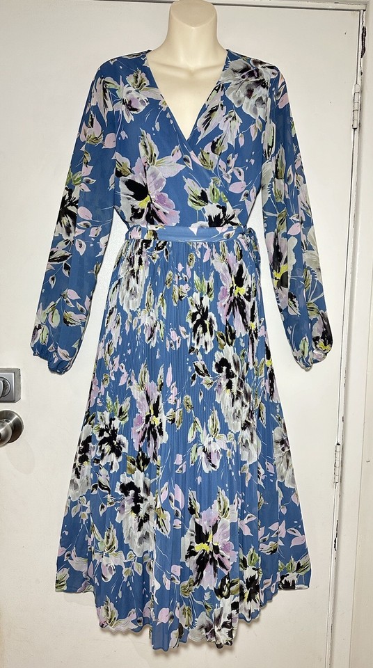 WITCHERY Blue Floral Print Wrap Pleat Midi Dress Size 8  #35656