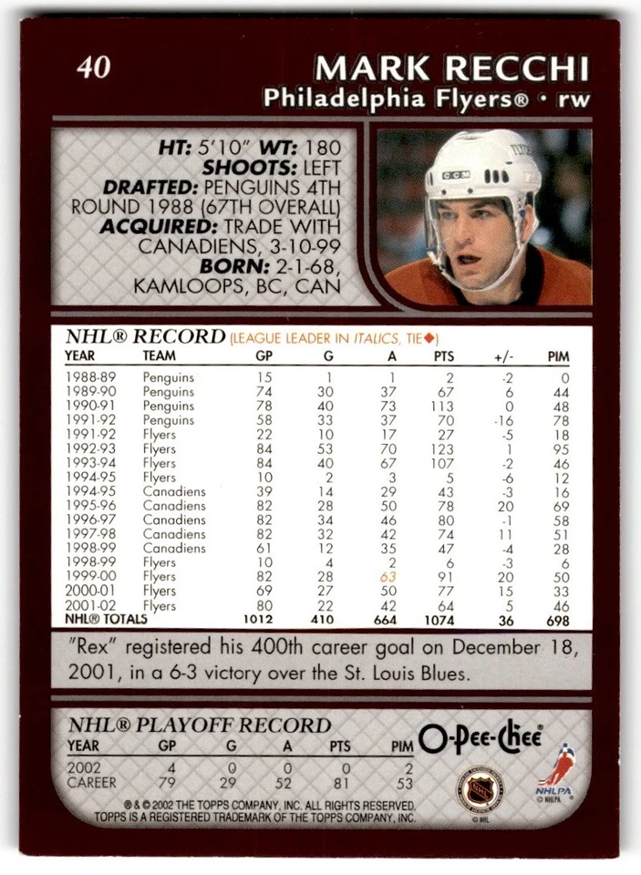 2002-03 O-Pee-Chee Factory Set Mark Recchi #40 Philadelphia Flyers - Image 2 of 2
