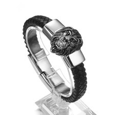 Punk Men Lion Head Charm Bracelet Stainless Steel Genuine Leather Wristband 8.6