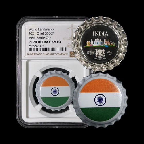 Chad. 2021, 500 Francs, Silver - NGC PF70 - Top Pop 🥇 Bottle Cap, India 601