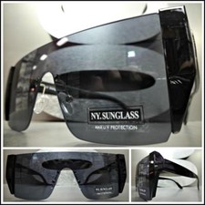 CLASSIC VINTAGE RETRO SHIELD Style SUNGLASSES Black Rimless Frame Dark Flat Lens