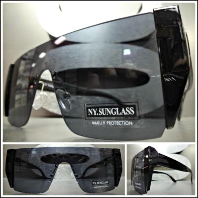 CLASSIC VINTAGE RETRO SHIELD Style SUNGLASSES Black Rimless Frame Dark Flat Lens