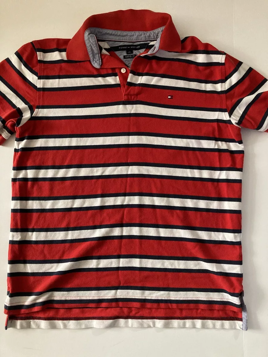 White and red top striped polo shirt