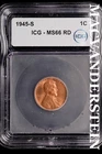 1945-S Lincoln Wheat Cent-ICG MS 66 RD Choice Gem BU No Reserve #SLL714
