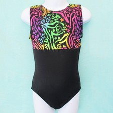 Gymnastics Leotard Girls sz CM Child 7 Black Colorful Swirls and Stars on Chest