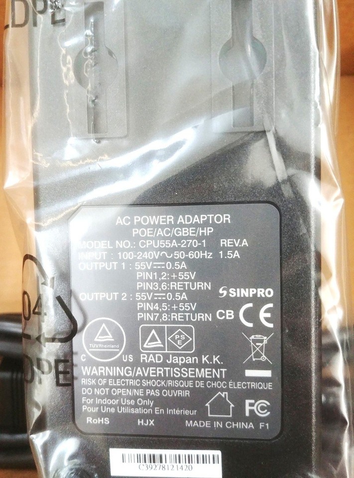 RADWIN New RW-9921-1042 AC-DC GigE PoE Injector, 55V 0.5A Output ...