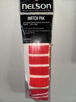 Vtg Nelson Athletic Tube Socks OVER THE CALF Large Red White Stripe + Sweatband