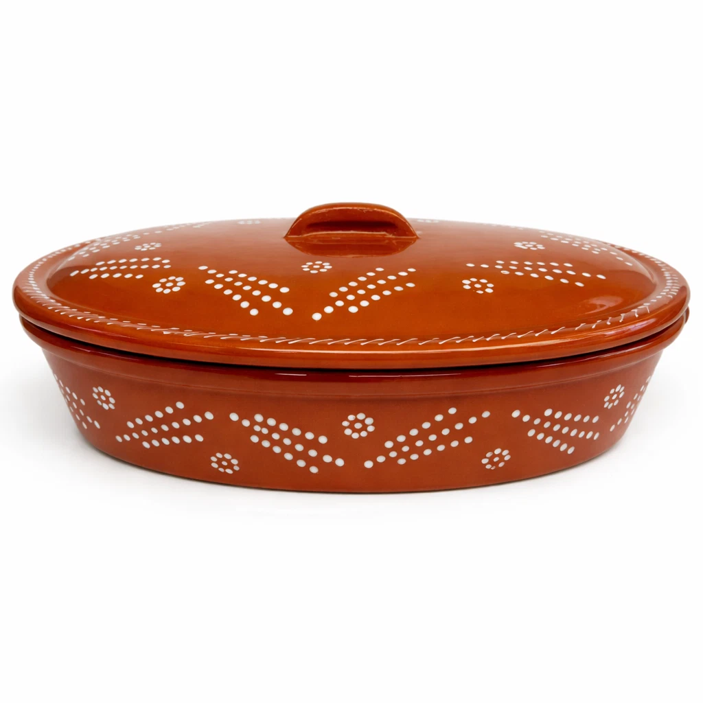 Socerâmica Hand-Painted Terracotta Oval Roaster with Lid, Made in Portugal