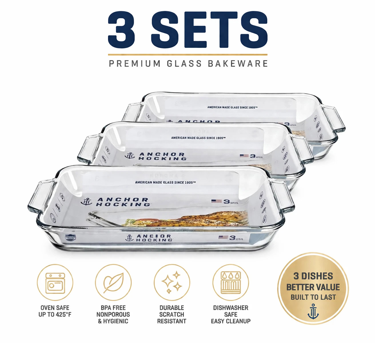 Anchor Hocking 3 Qt Glass Baking Dish 81935L20 Casserole Pan (3 Pack)