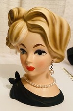 Vintage Napco Kim Novak Lady Head Vase Black Dress Pearl Necklace Earrings