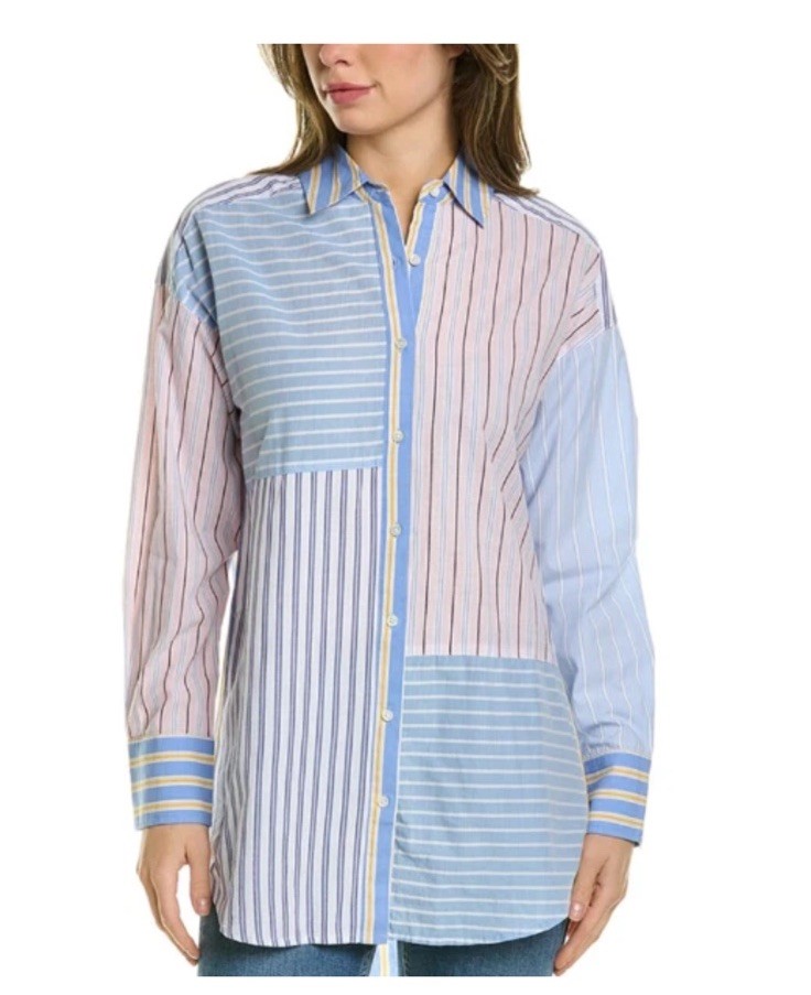 J.McLaughlin Patchwork Multi Stripe Button Down T… - image 1