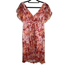 100% Silk Floral Ruffle Midi Dress Pink Orange S-8 Wedding Guest Cocktail Sunset