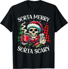 Sorta Merry Sorta Scary Retro Skeleton Hot Cocoa Christmas T-Shirt S-5XL