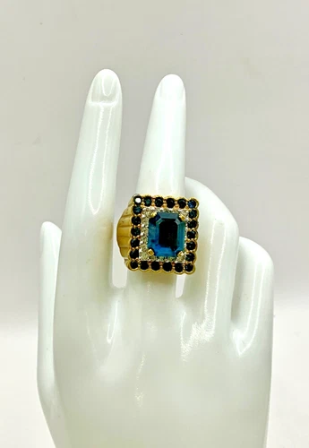 DH20 Vintage Panetta Sterling Gold Tone Blue Topaz Statement Ring Size 7.5