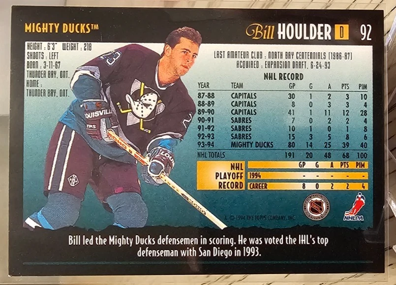 1994-95 Topps Premier Hockey Bill Houlder #92 Anaheim Ducks - Image 2 of 2