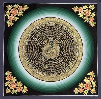 GREEN TARA OM MANI PADME HUM MANTRA  MANDALA ORIGINAL TIBETAN THANGKA PAINTING