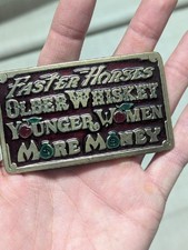1970s vintage SOLID BRASS enamel WHISKEY money WOMEN horses WESTERN bourbon