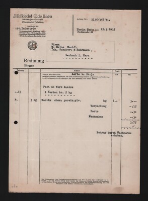 BERLIN-BRITZ, Rechnung 1935, J. D. Riedel-E. de Haen AG Chemische Fabriken