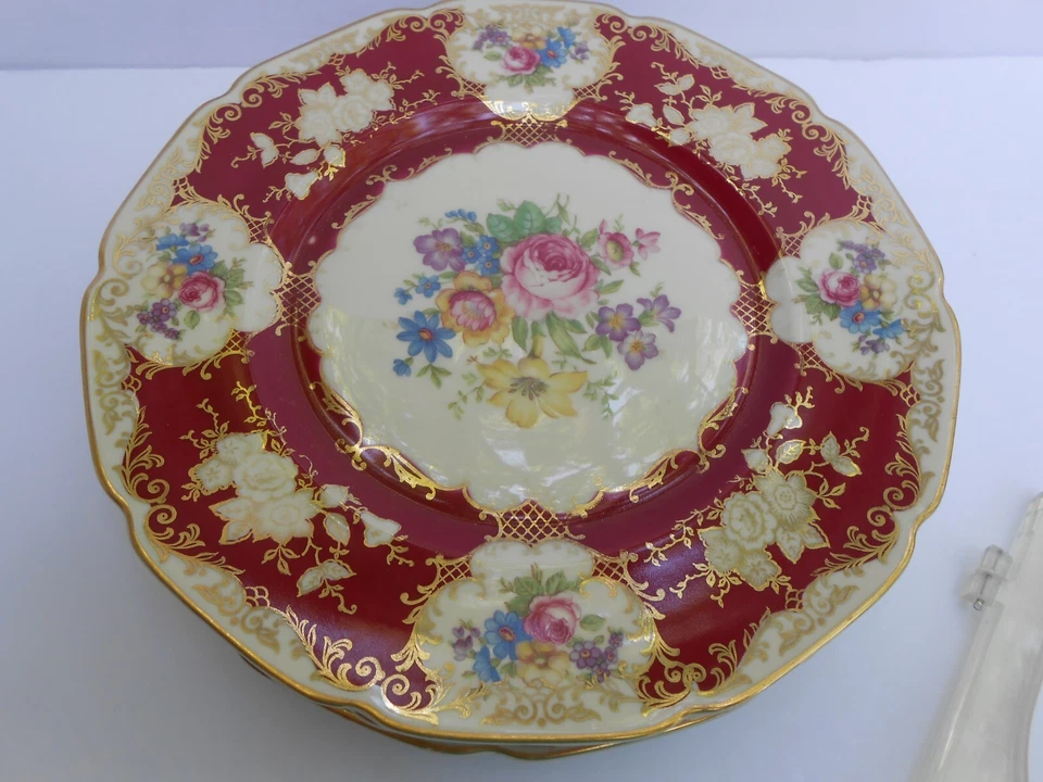 4 PLATOS GABINETE Heinrich Antiguo Borgoña Marfil Cuerpo Supremo Cena Oro Floral Foto 3 de 4