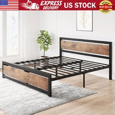 King/Queen/Full Size Bed Frame Metal Platform with Wooden Headboard for Bedroom
