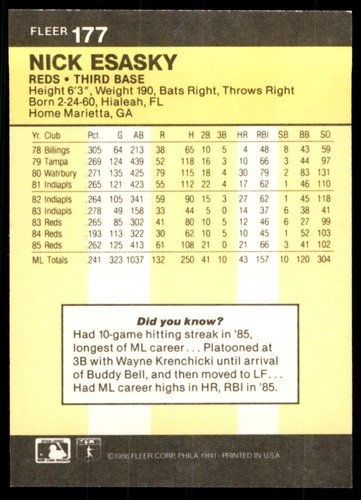 1986 Fleer Nick Esasky Baseball Cards #177 - Picture 2 of 2