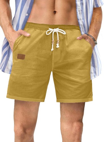 Mens Cotton Linen Casual Shorts Elastic Waist Drawstring Summer Beach Shorts - Picture 21 of 47