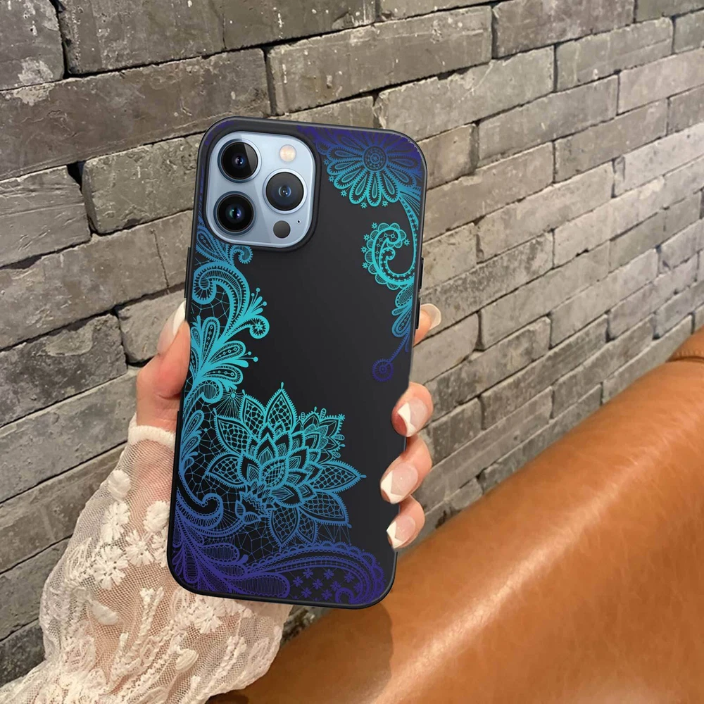 Phone Case For Apple iPhone 14 Pro Max 13 12 15 Flower Lace Protective TPU Cover