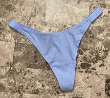 NWT VICTORIA'S SECRET PINK BLUE RIBBED KNIT LOGO STRAPS HIGH LEG THONG PANTIES