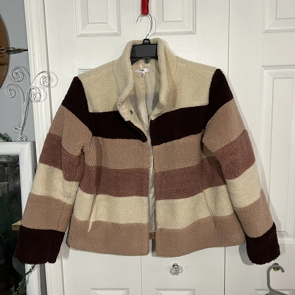 Nordstrom bp. Chaqueta Sherpa / Peluche / Fuzzy Snap Rayas Talla L Grande
