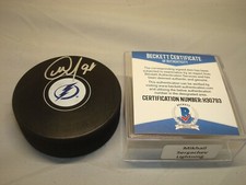 Mikhail Sergachev Signed Tampa Bay Lightning Hockey Puck Auto Beckett BAS COA 1C