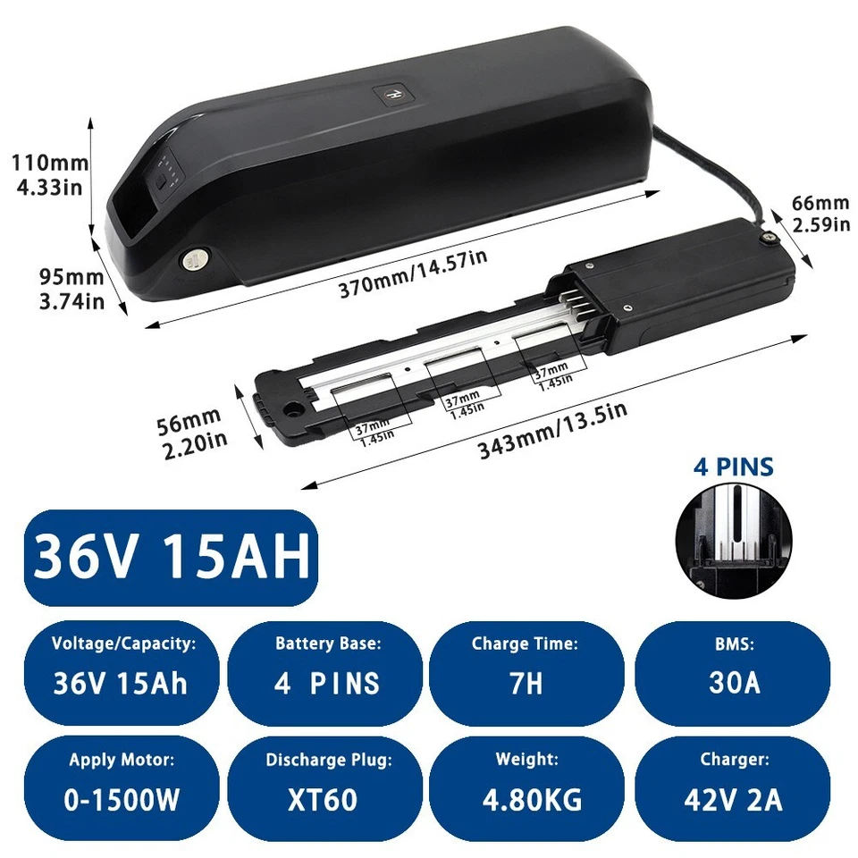 Batería Ebike 36V 15Ah Bicicleta Eléctrica Batería Litio para Motor 500W 750W Foto 2 de 4