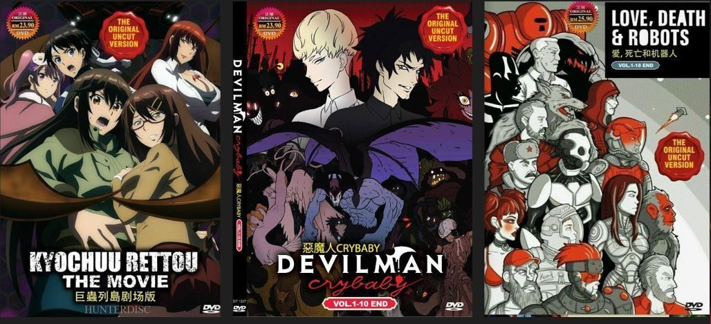 1. Devilman Crybaby - Netflix 2. Patlabor - HiDive 3. BTOOM! - HiDive , Anime