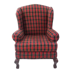 Upholstered Queen Anne High Wingback Armchair For Dolls Or Teddy Bears Red Plaid