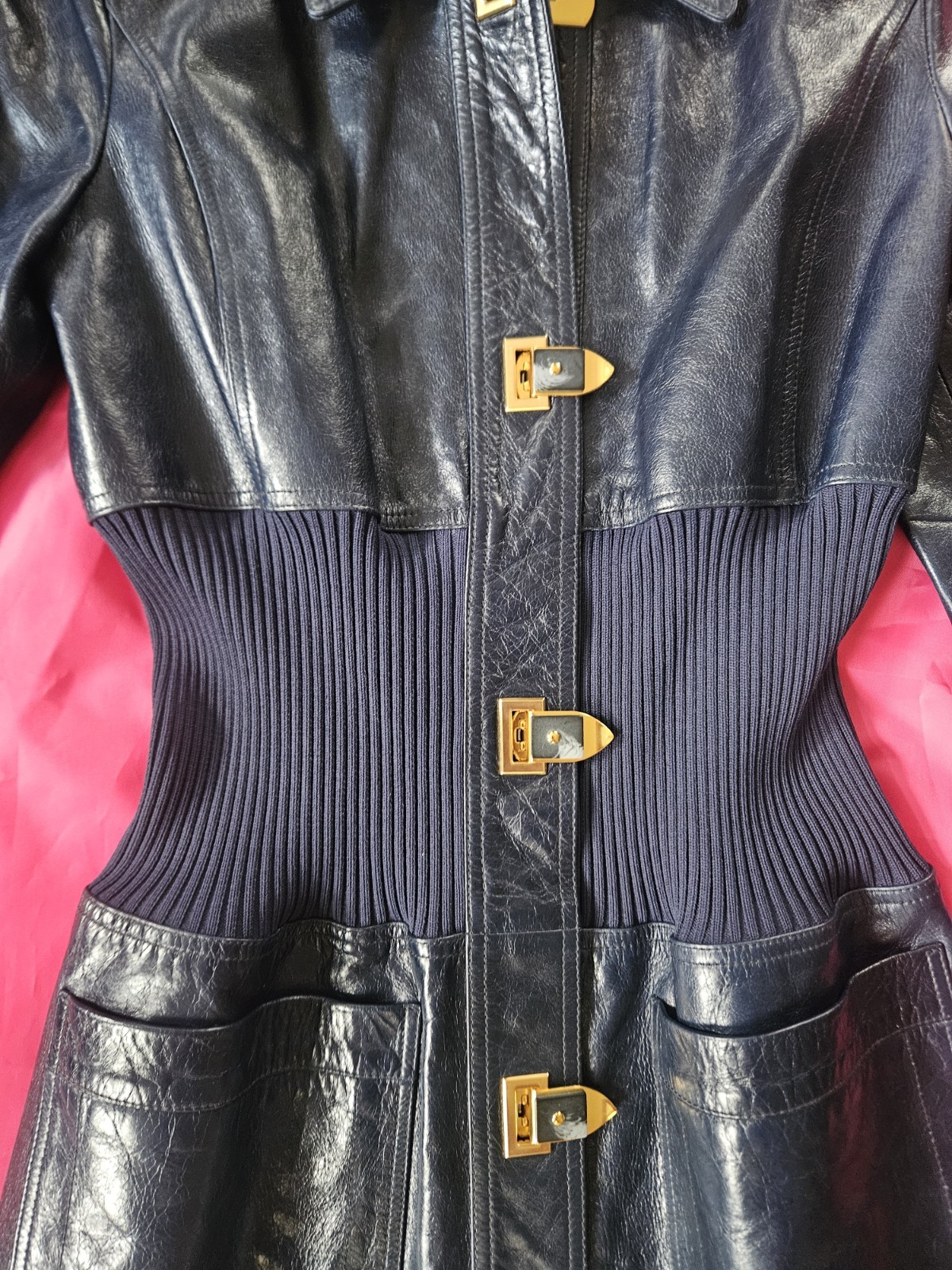 Tory Burch Blue Leather Long Coat With Hardwear sz 8 NWOT image 2