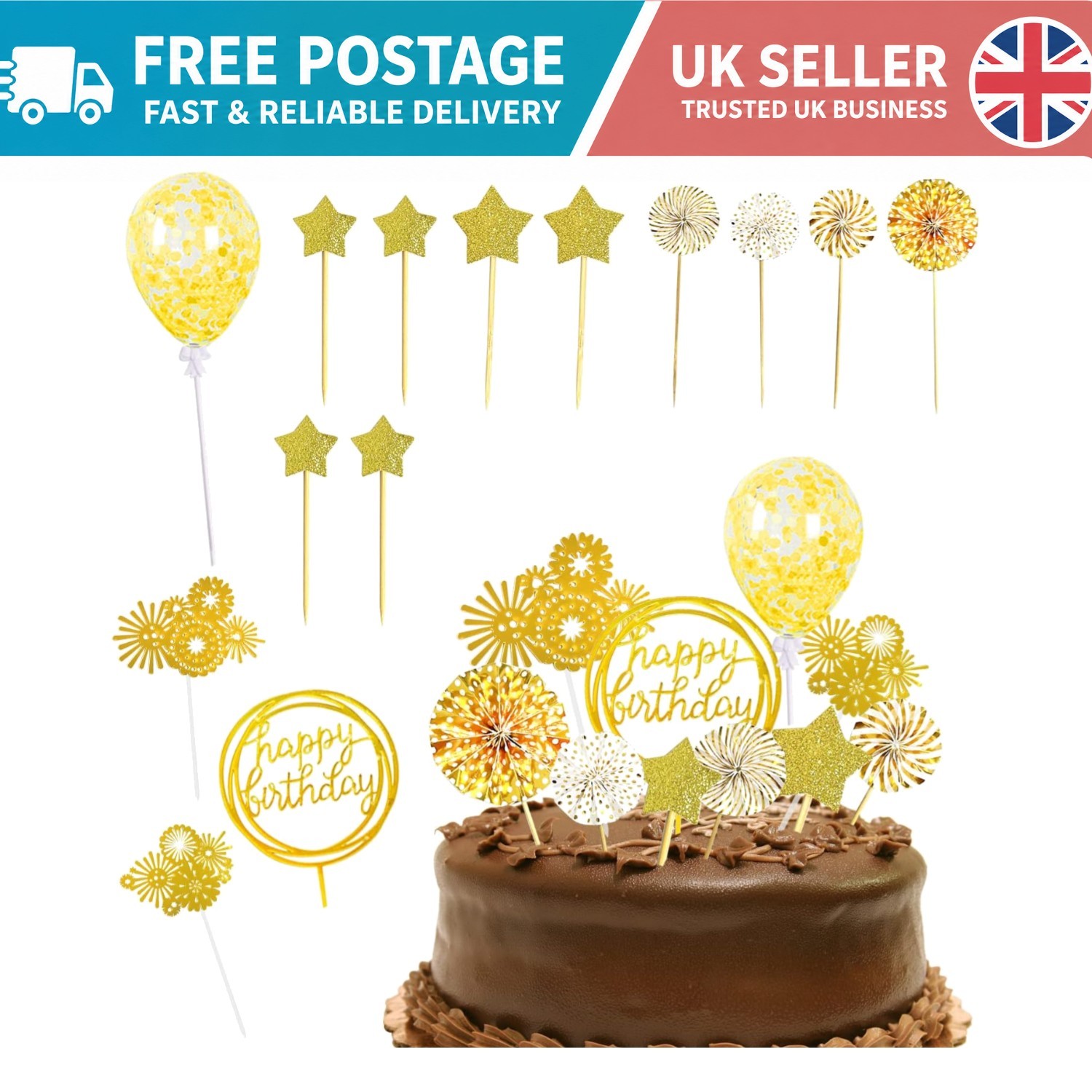 14pcs Gold Birthday Cake Toppers & Party Decorations for Memorable Celebrations