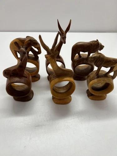 Hand Carved African Safari Animal Wooden Napkin Rings, Set of 6