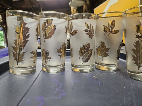 VTG Libbey Frosted GoldLeaf Drinking Glasses 5-5/8" - Set of 5 - 1960's - Picture 2 of 3