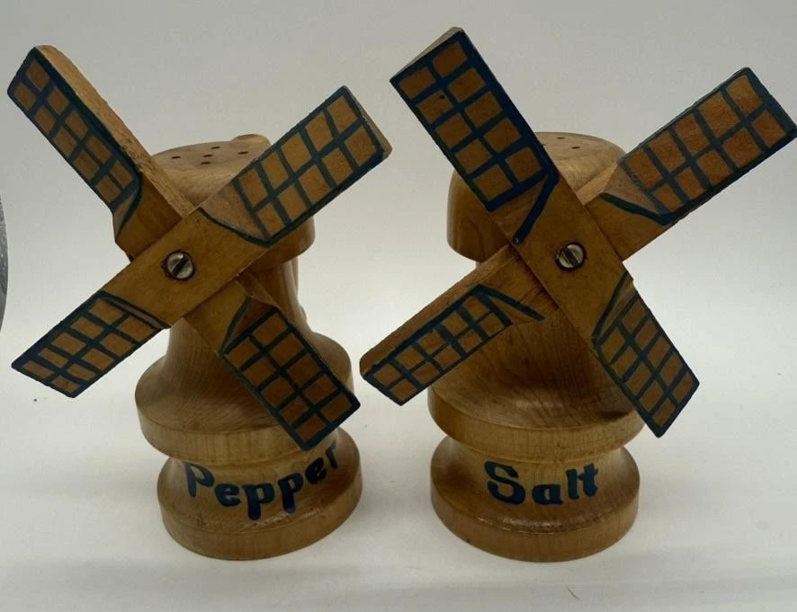Wooden Windmill Salt Pepper Shakers Hand Painted Rustic Cottage Dutch Kitchen