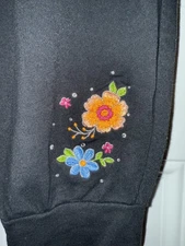 Quacker Factory Black Knit Pull On Pants Embroidered Flower Sparkle Large