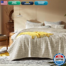 LEAONME Velvet Quilt King Size 98x106 Beige Comforter Set with 2 Pillow Shams