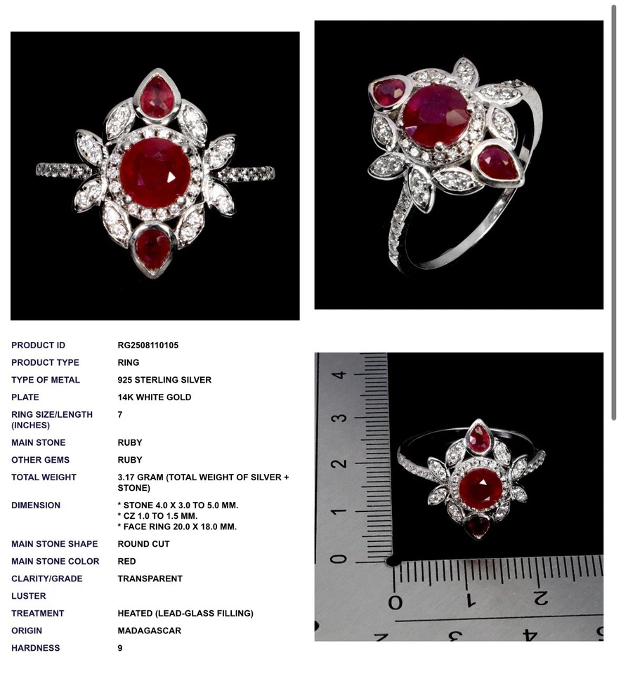 Juego de joyas de rubí hecho a mano plata 925 chapado en oro blanco estante Foto 3 de 4