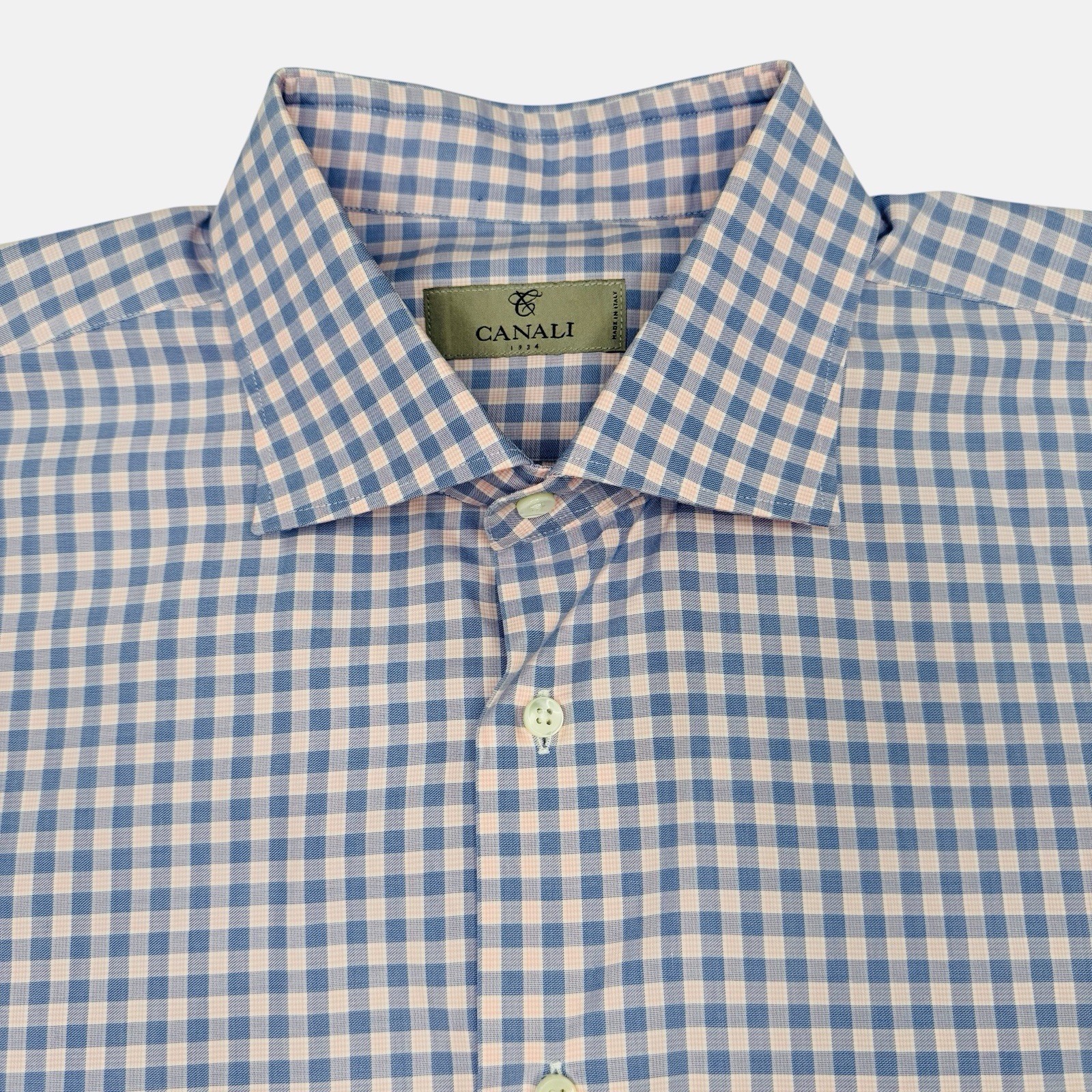 Canali Long Sleeve Button Up Shirt Pink Check 100% Cotton Barrel Cuff 44- 17 1/2
