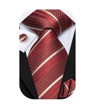 Mens Paisley Striped Tie and Handkerchief Cufflinks Tie Set for Red Champagne